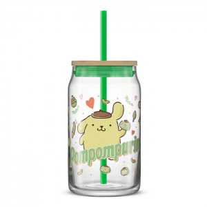 Green Hello Kitty Pompompurin Favorite Flavor Lidded Glass Tumbler | NZ_HK54524