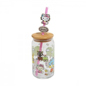 Multicolor Hello Kitty Hello Kitty and Friends Flower Crowns Bamboo Lidded Glass Tumbler | NZ_HK68246