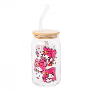Pink Hello Kitty My Melody Snacks Bamboo Lidded Glass Tumbler | NZ_HK42126