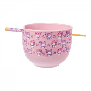 Pink Hello Kitty My Melody & Kuromi Ceramic Ramen Bowl and Chopstick Set (Pastel Flowers) | NZ_HK65763