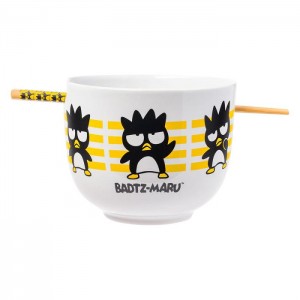 Yellow Hello Kitty Badtz-maru Ceramic Ramen Bowl and Chopstick Set (Stripes) | NZ_HK48051